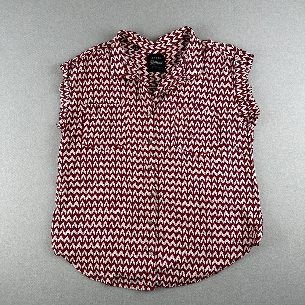 Jachs Girlfriend Button Down Women L Red White Geometric Sleeveless Rayon Top